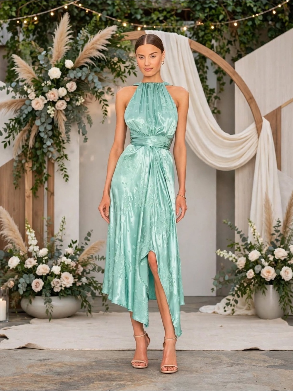 Sabina Musayev Juniper Halter Satin Jacquard Midi Dress In Spearmint Floral US S